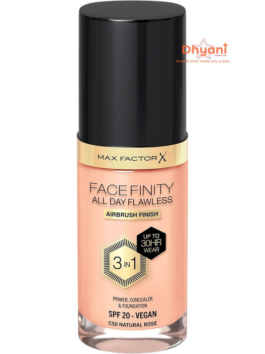 MAX FACTOR - Facefinity All Day Flawless Foundation - 3-in-1 Concealer, Liquid Foundation & Face Primer - Up To 30hr Wear - Flawless Airbrush Finish, SPF 20, Vegan - C50 Natural Rose - 30ml