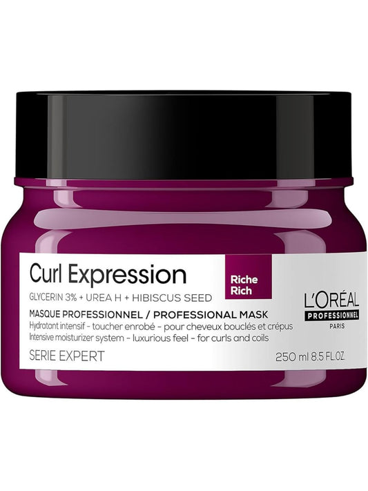 L'Oréal Professionnel Intensely Moisturising Rich Hair Mask, For Curly & Coily Hair, With Glycerin, Urea H and Hibiscus Seed Extract, Serie Expert Curl Expression, 250 ml